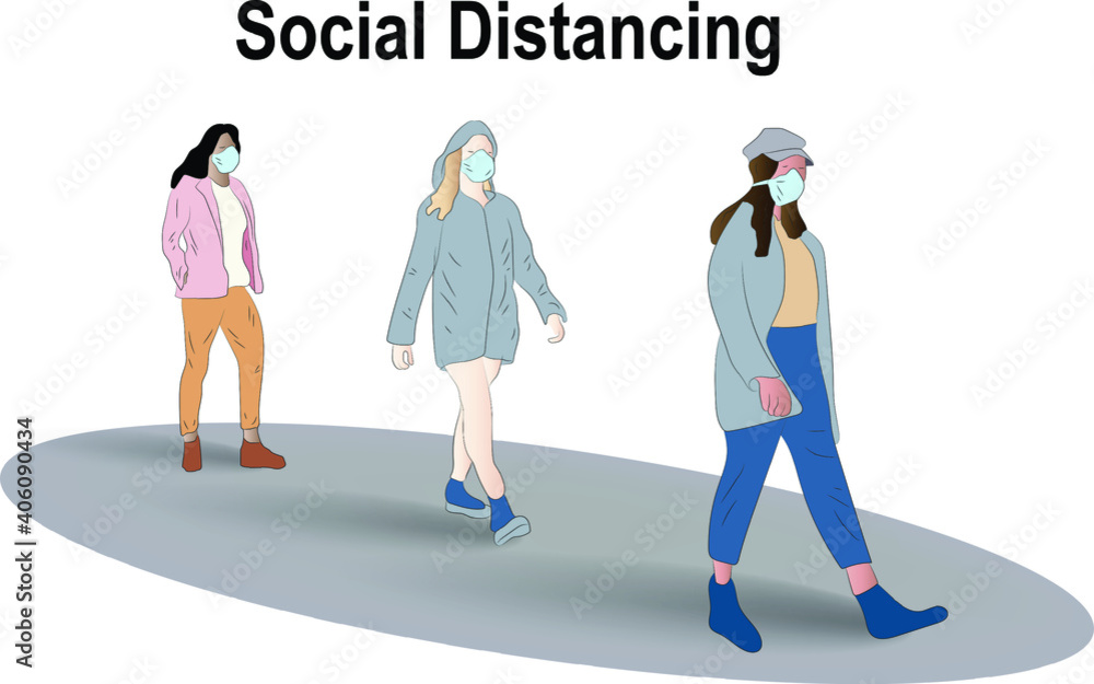 People in the street in protective masks keep their distance. Social distancing concept to prevent the covid-19 coronavirus. Vector illustration. People in the street in protective masks keep their distance. Social distancing concept to prevent the covid-19 coronavirus. Vector illustration.