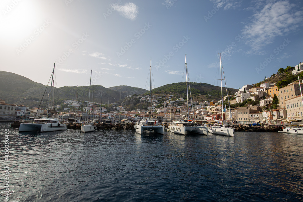 boats in the harbour hydra island