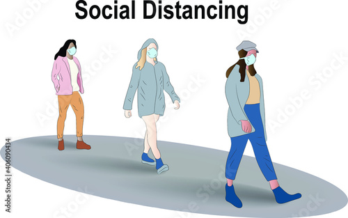 People in the street in protective masks keep their distance. Social distancing concept to prevent the covid-19 coronavirus. Vector illustration.