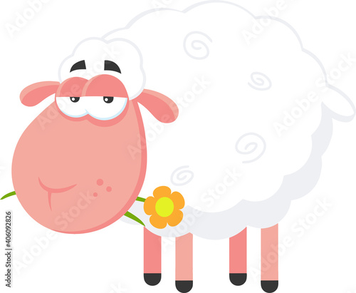 White Sheep Cartoon Character With A Flower. Vector Illustration Flat Design Isolated On Transparent Background