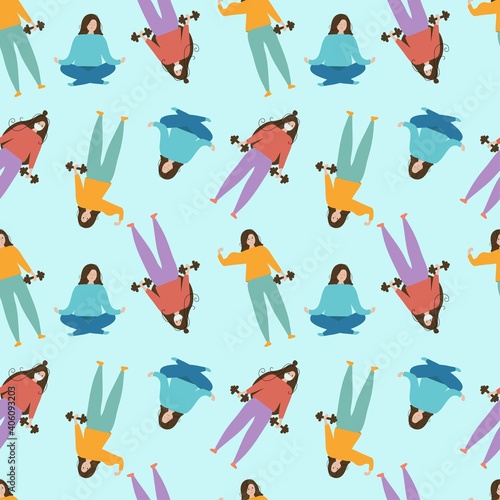 Seamless blue background with the image of girls involved in different sports.