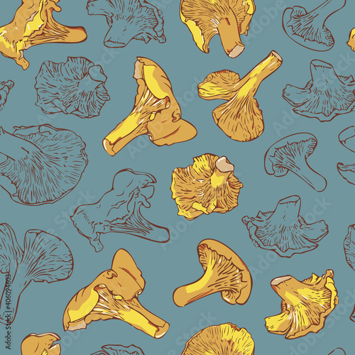 Vector seamless pattern with mushrooms on a blue background. Illuminating yellow Cantharellus mushrooms and silhouettes pattern.