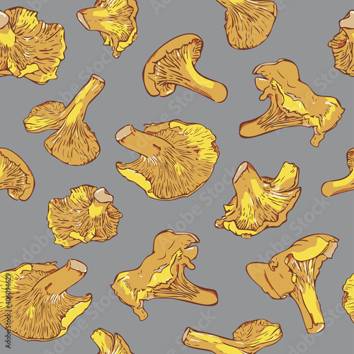 Vector seamless pattern with mushrooms on an ultimate gray background. Illuminating yellow Cantharellus mushrooms pattern.