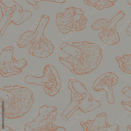 Vector seamless pattern with mushrooms on a grey background. Ginger Cantharellus mushrooms pattern. photo