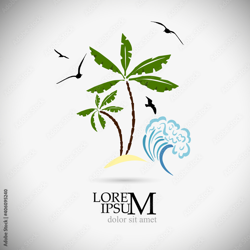 Palm tree object. Vector illustration. Sea and seagulls. Logo palm.