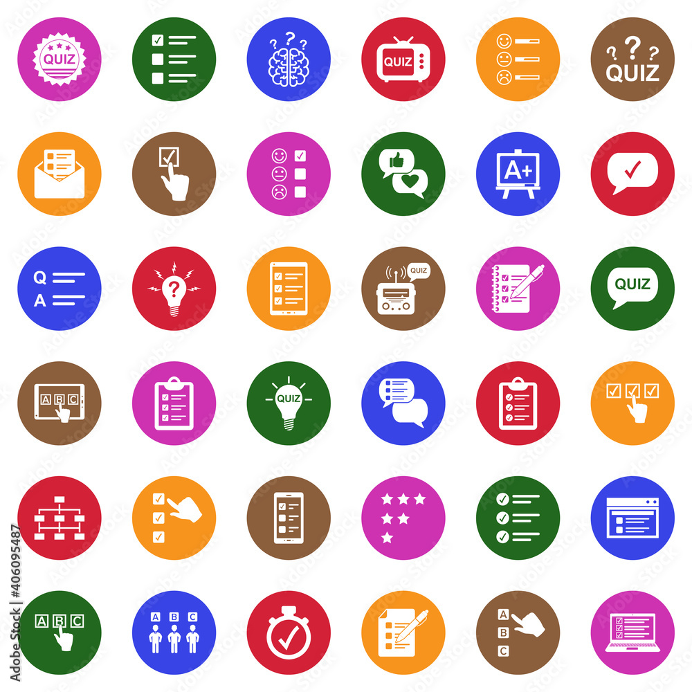 Quiz Icons. White Flat Design In Circle. Vector Illustration. Quiz Icons. White Flat Design In Circle. Vector Illustration.