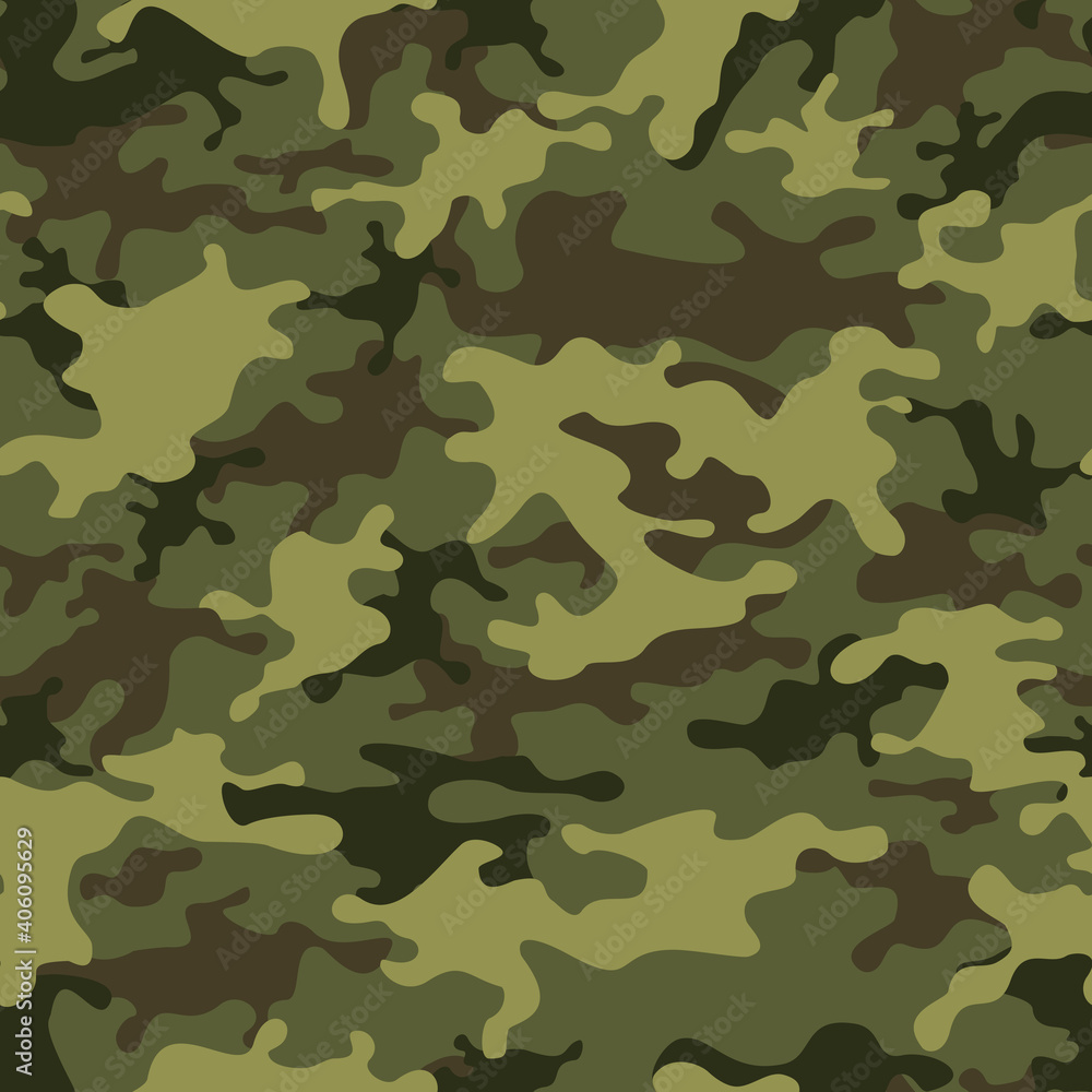 Camouflage green seamless pattern. Abstract background of green and dark spots on a green background. Camo for hunting and fishing. Print on fabric on clothes. Vector illustration
Camouflage green seamless pattern. Abstract background of green and dark spots on a green background. Camo for hunting and fishing. Print on fabric on clothes. Vector illustration