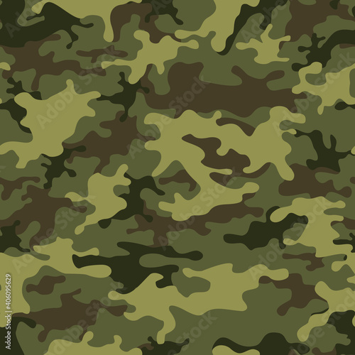  Camouflage green seamless pattern. Abstract background of green and dark spots on a green background. Camo for hunting and fishing. Print on fabric on clothes. Vector illustration