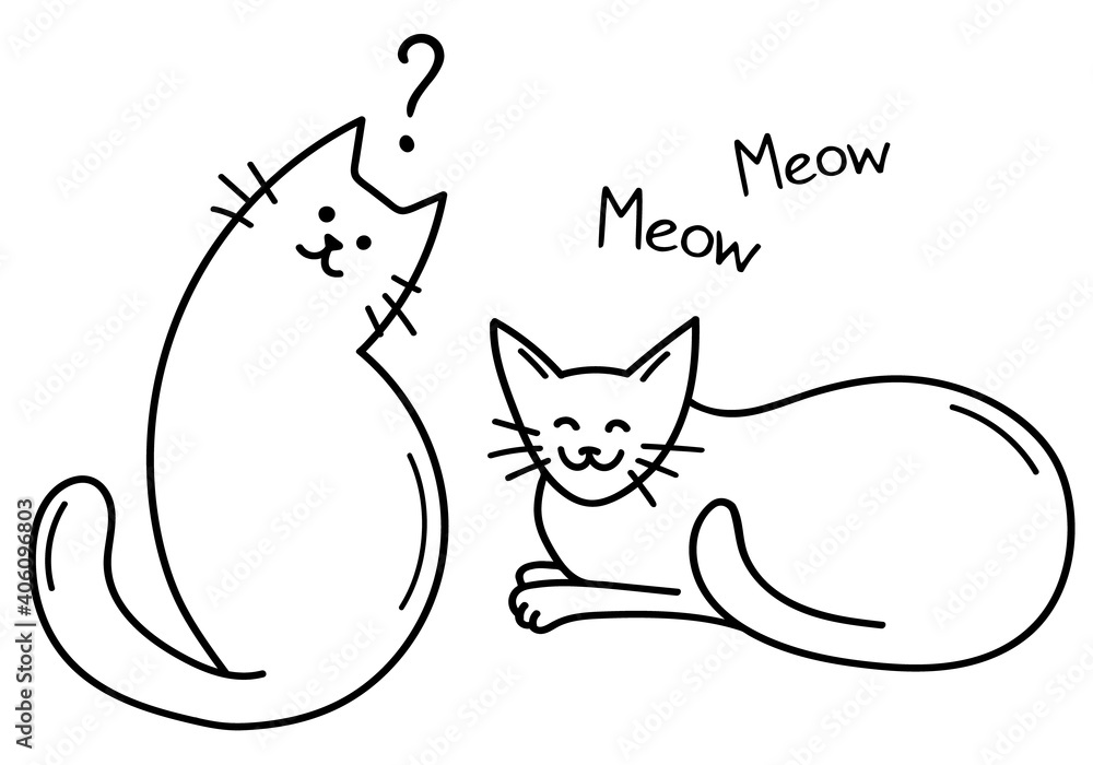 Naklejka premium Hand draw cute cats in doodle style. Smiling cat lies on a blanket. Interrogative cat sits with his head to one side. Satisfied domestic cats. Black isolated on a white background. Vector illustration