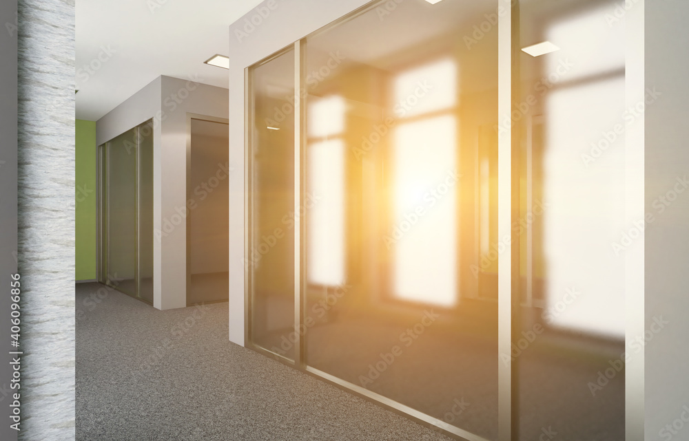 Modern meeting room. 3D rendering.. Empty office. Sunset. Modern meeting room. 3D rendering.. Empty office. Sunset.