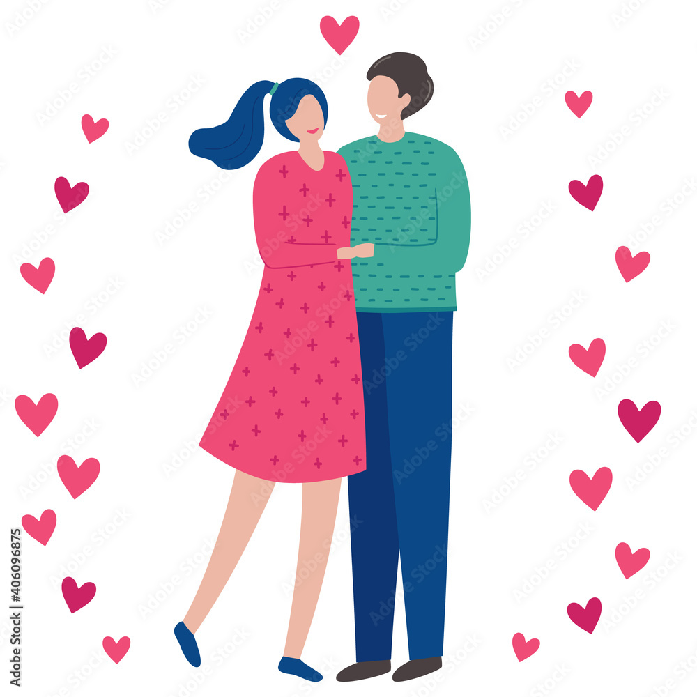 A man and a woman are embracing holding hands. Young couple hugs. Valentine's day card. People in love. Vector flat cartoon illustration isolated on a white background with hearts. A man and a woman are embracing holding hands. Young couple hugs. Valentine's day card. People in love. Vector flat cartoon illustration isolated on a white background with hearts.
