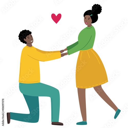 A man proposing to woman down on one knee. African American couple holding hands. Black man and woman are in love. Vector flat cartoon illustration isolated on a white background.