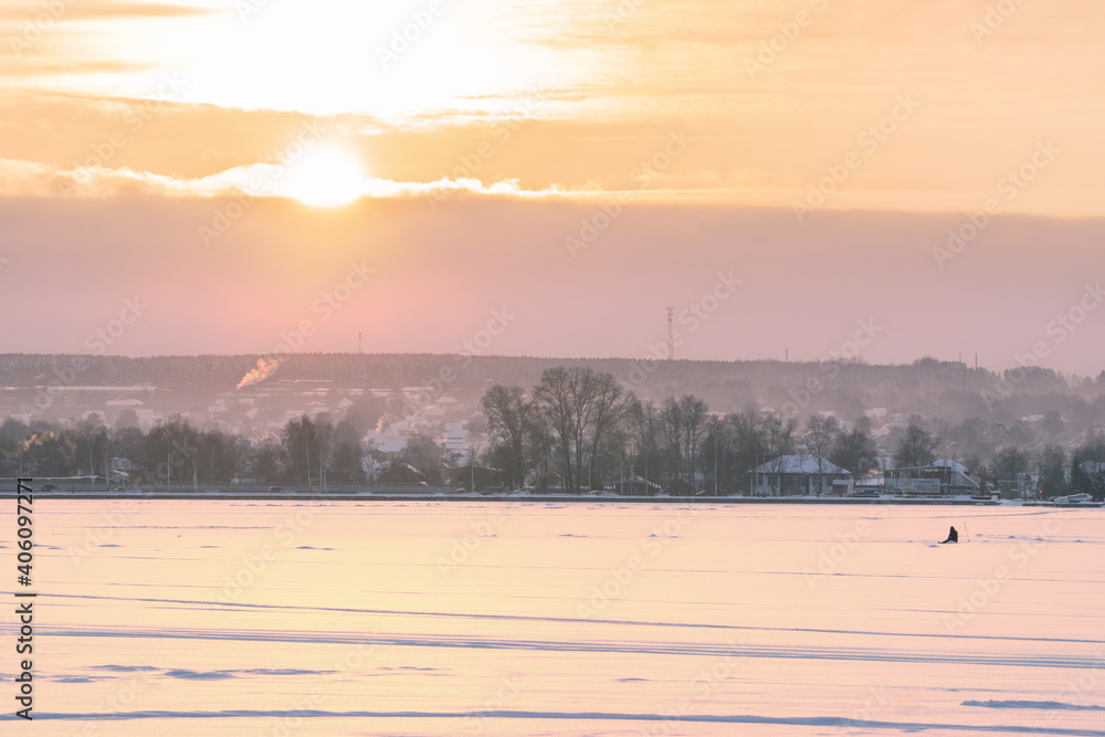 sunset near the pond in Votkinsk in winter