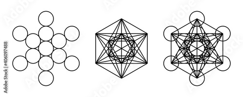 Components of Metatrons Cube. Mystical symbol, derived from the Flower of Life. All thirteen circles are connected with straight lines. Sacred Geometry. Black and white illustration over white. Vector