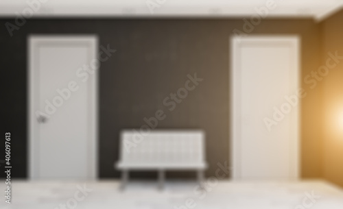 hotel lobby. large windows with city views. armchairs for visitors. 3D rendering. Sunset. Abstract blur phototography