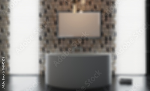 bathtub with large tiles. mosaic on the walls. wooden countertop with two washbasins. Blank paintings.  Mockup.. 3D rendering.. Abstract blur phototography photo