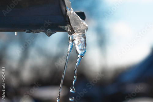 Icicle with water drops on a background of blue sky. View from the window © natalylad