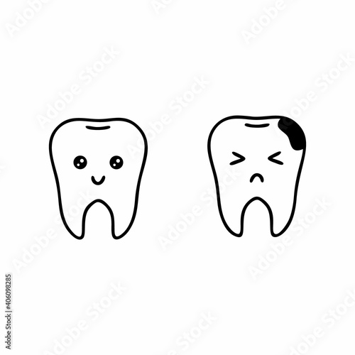 Two teeth with cute faces. A healthy tooth and tooth decay. Vector set on the topic of hygiene and oral care. Illustration for a dental clinic.