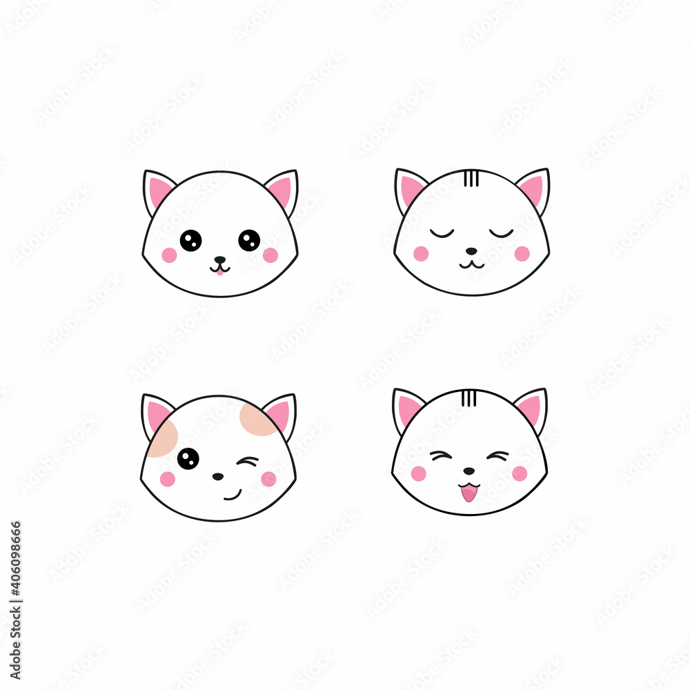 A set of illustrations with cute kittens. The face of a cat in cartoon style. Icons for stickers. A set of illustrations with cute kittens. The face of a cat in cartoon style. Icons for stickers.