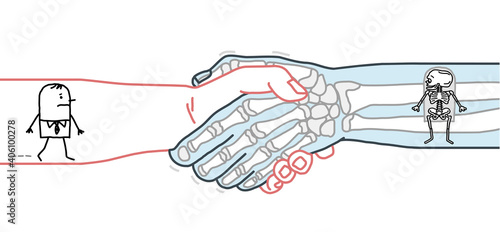 Cartoon Man and Skeleton walking inside a big Handshake