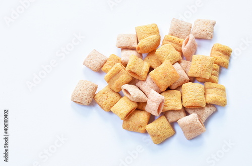 colorful crispy sweet rice biscuit stuffed cream arranging on white background