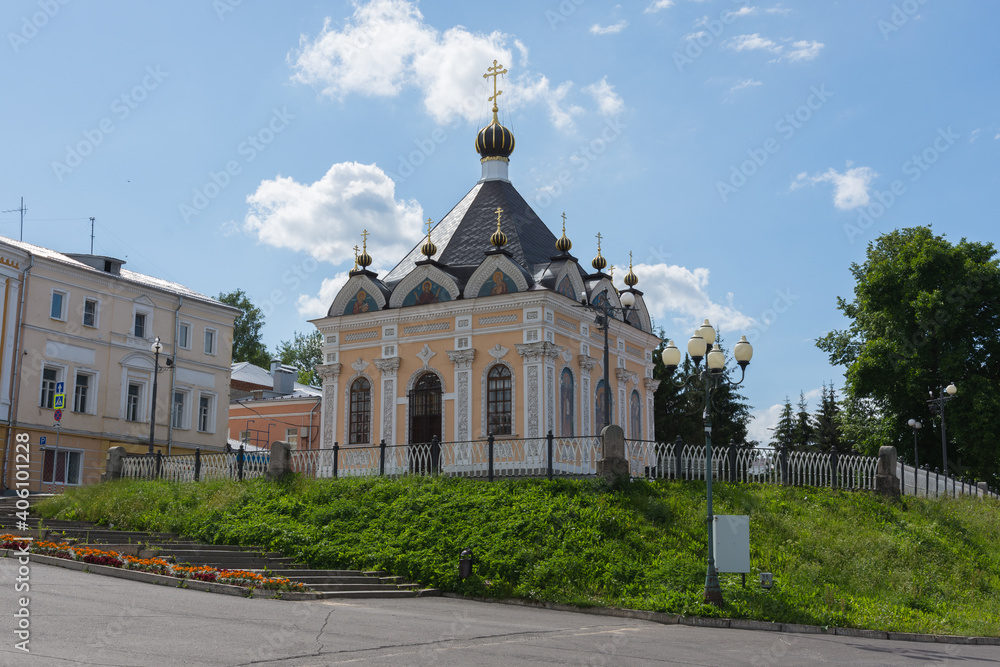 view of the Nikolskaya chapel in Rybinsk, photo taken on a sunny summer day
