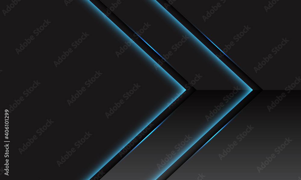 Abstract blue light line neon glossy metallic arrow direction on dark grey with blank space design modern futuristic technology background vector illustration. Abstract blue light line neon glossy metallic arrow direction on dark grey with blank space design modern futuristic technology background vector illustration.