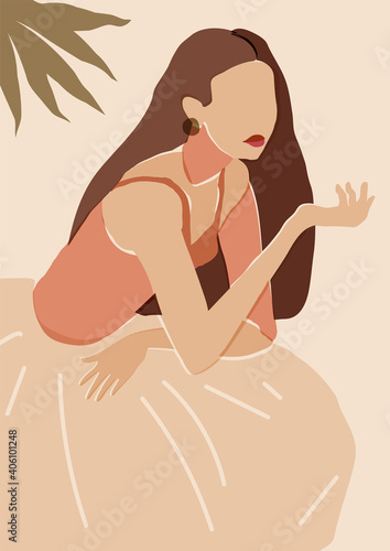 Vector minimal feminine wall art. Beautiful lady portrait illustration in neutral earth tone terracotta colors. Boho style wall decor. Multiracial diversity mid century modern ethnic boho chic print