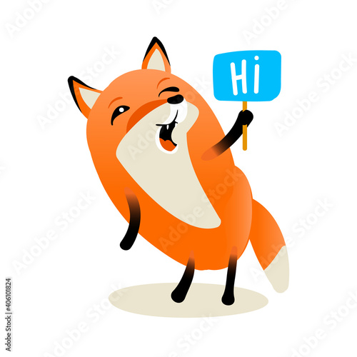 Cute adult fox with a blue sign that says HI. Vector illustration