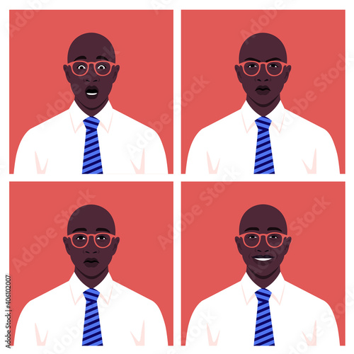 Set of faces of businessmen. Avatars of African guys. Different emotions: happiness, anger, sadness and fear. Vector illustration
