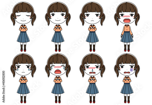 落ち込んだり泣いたり怒ったり風邪を引いたりしている女の子の全身イラストセット