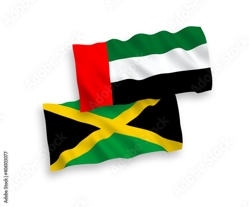 National vector fabric wave flags of Jamaica and United Arab Emirates isolated on white background. 1 to 2 proportion.