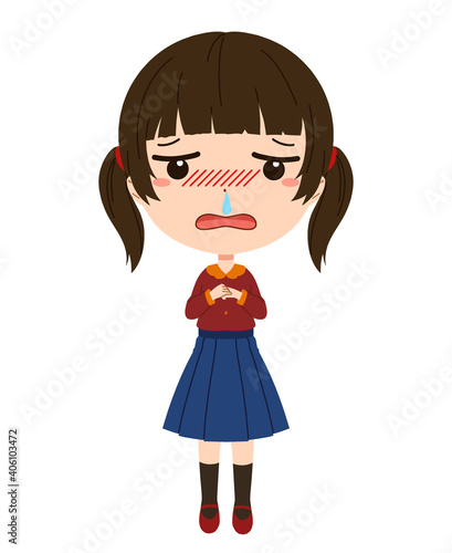 鼻水のたれている風邪を引いた女の子の全身イラスト