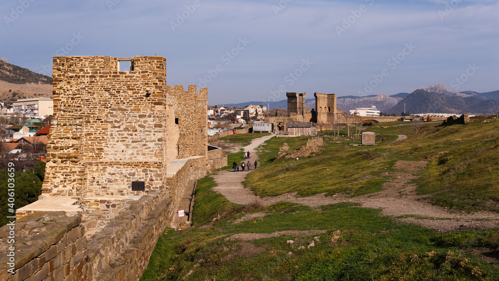 Sudak castle wall and ancient city relics in Crimea