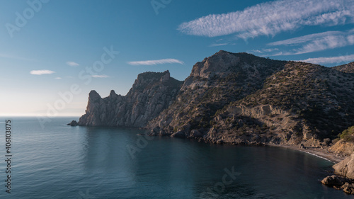 Landscape view on mountains and Black sea in Crimea, Sudak with colorful sky at Tropa Golitsina