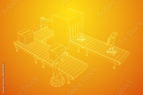 Robotic arm manufacture technology industry assembly mechanic hand. Regular roller conveyor with circuit boards and packed boxes. Wireframe low poly mesh vector illustration