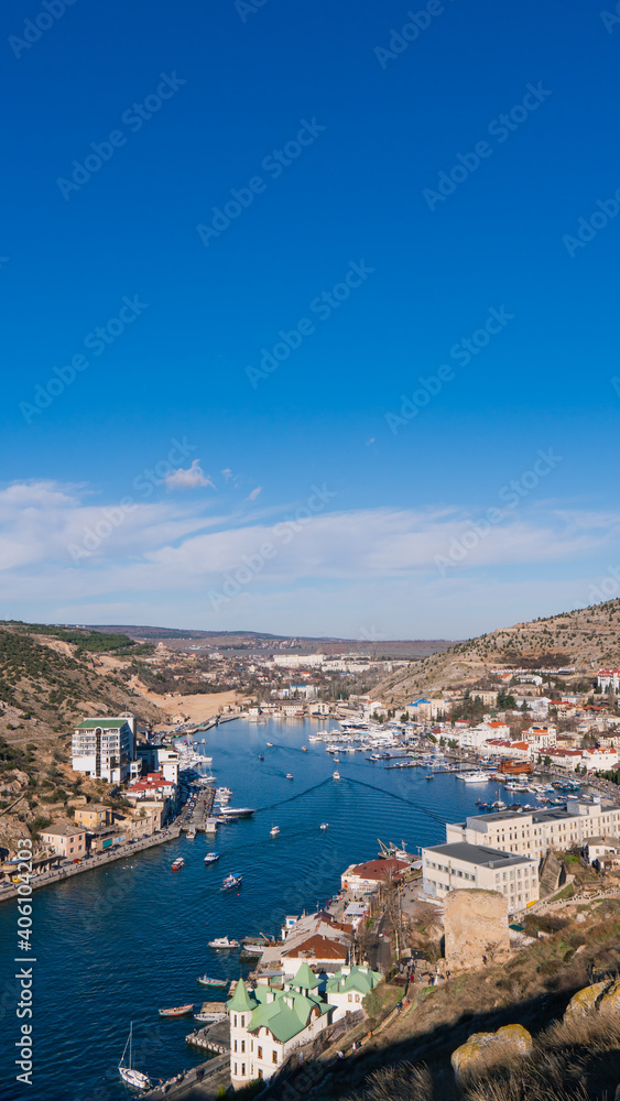Balaklava bay with ships in Sevastopol, Crimea