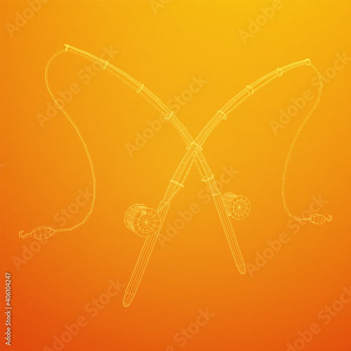 Fishing rod with line sinker and hook. Wireframe low poly mesh vector illustration.