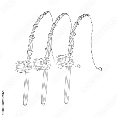 Fishing rod with line sinker and hook. Wireframe low poly mesh vector illustration.