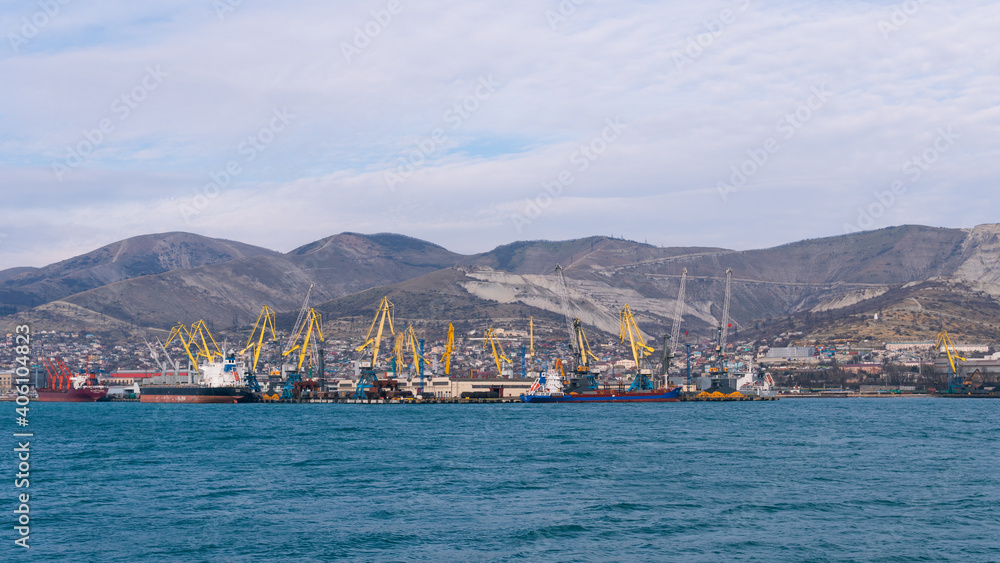 Novorossiisk harbor port city at Black sea industrial cityscape