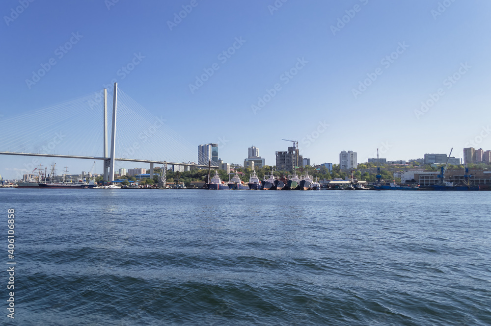 Golden horn bay with golden bridge in Vladivostok