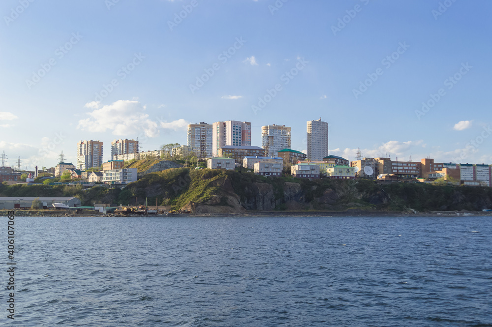 view from sea on cityscape of Egershield peninsula in Vladivostok