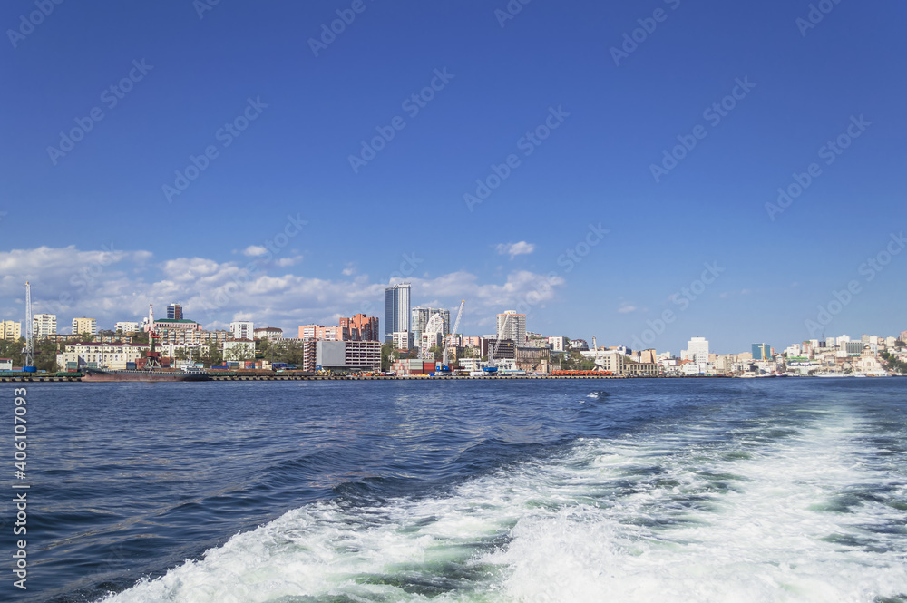 view from sea on Vladivostok on sunny day