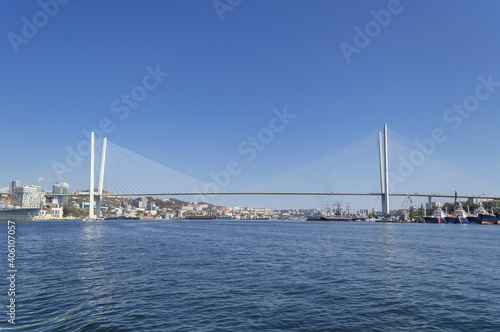 sunny day view of Golden bridge in Vladivostok