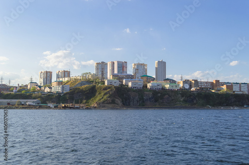 view from sea on cityscape of Egershield peninsula in Vladivostok