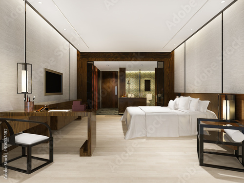 3d rendering luxury modern bedroom suite in hotel with asian style decor