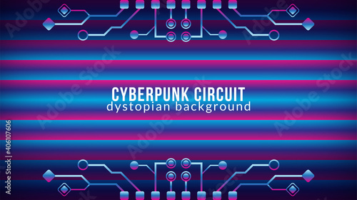 Cyberpunk Circuit With Gradient Bar Pattern. Dystopian Electronic Tree Shape Vector Illustration. Abstract Background Design Template. Blue Pink Purple Violet Gradient Color Theme..