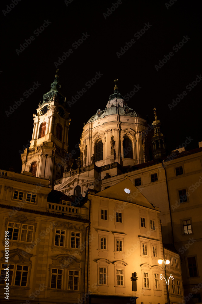Church of Saint Nicolas ( kostel svateho Mikulase ), Lesser Town ( Mala Strana ), Prague, Czech Republic Czechia - beautiful sacral building made in baroque style. Architecture at night.
