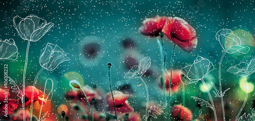 Red flowers and fireflies set