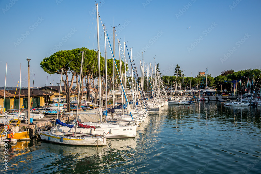 Yacht parking, marina in Desenzano del Garda. Lombardy, Italy.